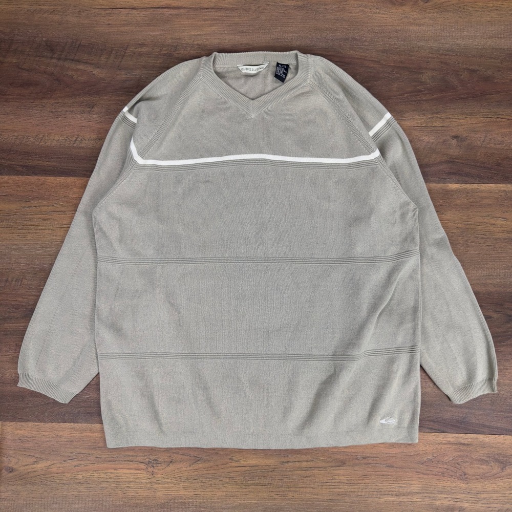 Vintage Quiksilver Men XL Sage Green Breton Stripe V-Neck Knit‎ Sweater Y2K Surf
